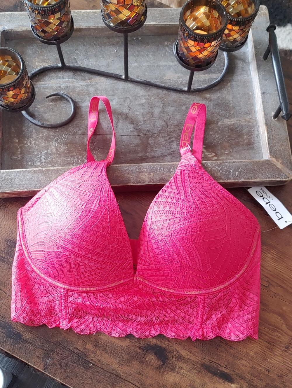 NWT Bebe Intimates 34DD Sexy Pink Lace Padded Underwire Longline Bra